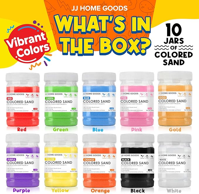 JJ CARE Colored Sand, 11 lbs. [10 Bottles] Craft Sand Art Kit for Kids 3 Years Above, Non-Toxic Color Sand Art Bulk, UV Stable Colorful Sand for Crafts, Wedding & Decorations, Kids Art Sand