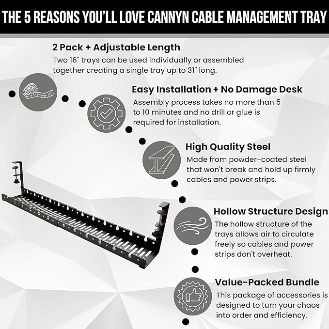 No Drill Under Desk Cable Management Tray - Extendable 16" to 31" Sturdy Steel Desk Cord Hider Raceway - Under Desk Cable Tray Holder with 38 Wire & Cable Rack Organizer Accessories - Black