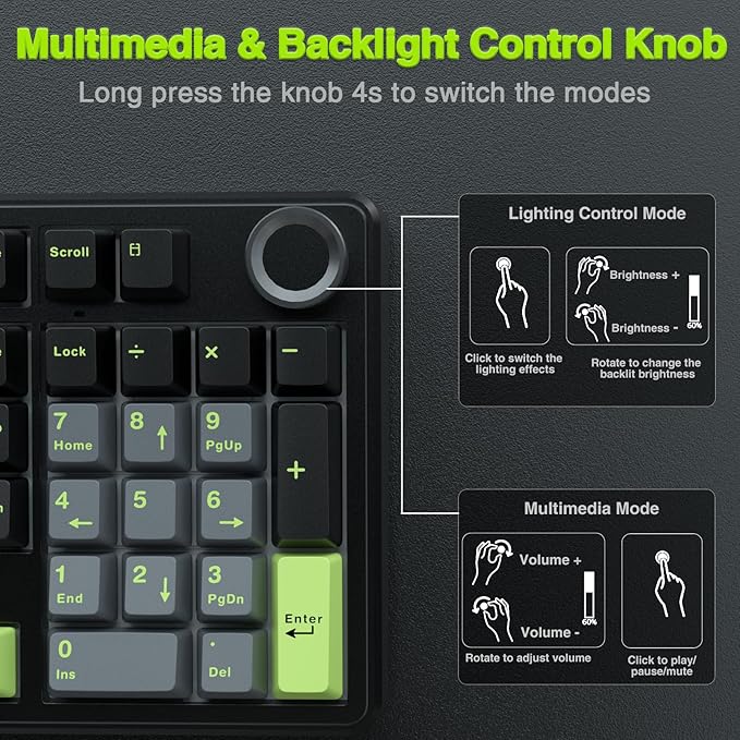 AULA F99 Pro Wireless Mechanical Keyboard with Knob,Creamy Sound,Tri-Mode BT5.0/USB-C/2.4GHz Hot Swappable Keyboard,Gasket Structure,RGB Backlit Computer Gaming Keyboards