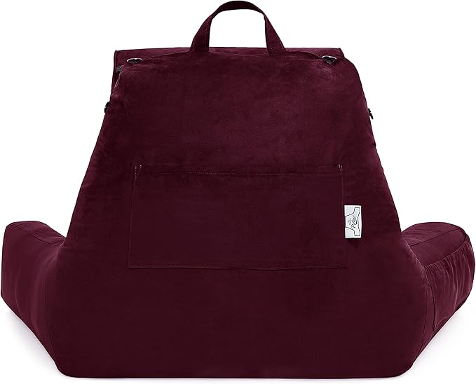 Husband Pillow XXL Aspen Edition, Adult Reading Sit Up Bed Rest Pillow for Bed with Arms & Neck Roll on Bungee Cord - Premium Memory Foam - Reversible 2 Sided Cover Micro Suede or Plush, Mauve Purple