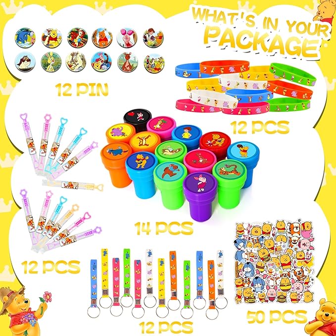 124PCS Bear Baby Shower Party Favor Supplies, Themed Birthday Decorations Including 12 Bracelets, 12 Keychains, 12 Button Pins, 50 Stickers, 14 Stampers, 12 Bubble Wands and Stickers, Yellow