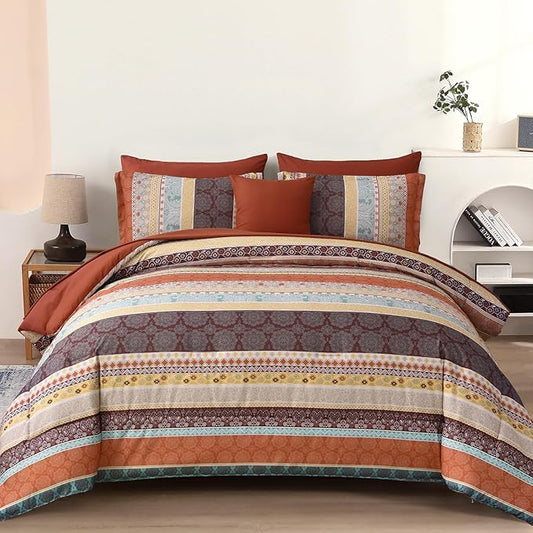 Cottolester Boho Comforter Set Queen Size,8 Pieces Red and Orange Bohemian Striped Bed in a Bag,Paisley Soft Microfiber Bedding Comforter Set
