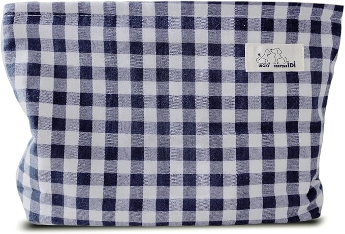 HAPPYHEIDI Navy Blue Gingham Cotton Makeup Bag Cosmetic Toiletry Travel Pouch, Tote Purse Organizer, Zipper Closure, Canvas Lined