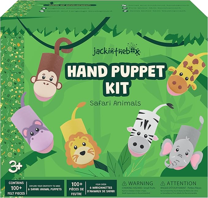 jackinthebox Hand Puppet Making Kit - 6 Safari Animals Felt Puppet Craft Kit for Kids, Creative DIY Arts & Crafts Kit Make Your Own Puppets, Storytelling Role Play, Great Craft Gifts for Kids Ages 4-8