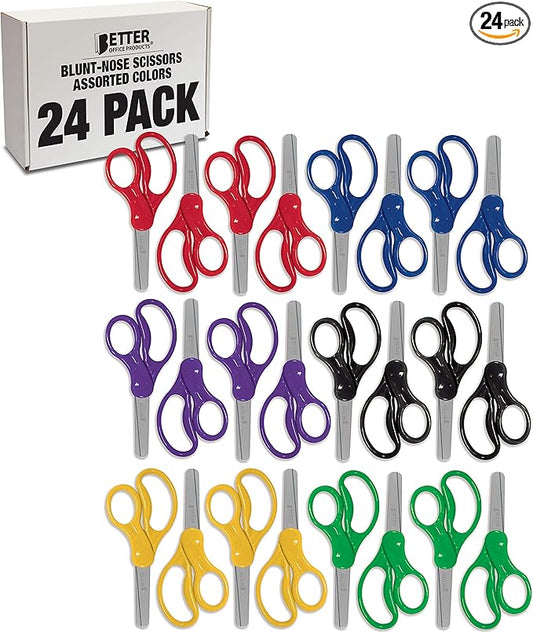 Better Office Products 24 Piece Blunt Tip Kids Scissors, 6 Assorted Colors, 5" Length, Classic School Scissors, Children Scissors, Assorted 24 Count