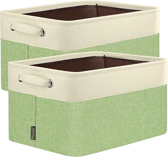 BALEINE 2 Pack Fabric Storage Bins for Shelves, Linen Storage Baskets for Organizing, Decorative Closet Bins for Clothes, Home (Green, 14''x10''x8.5'')