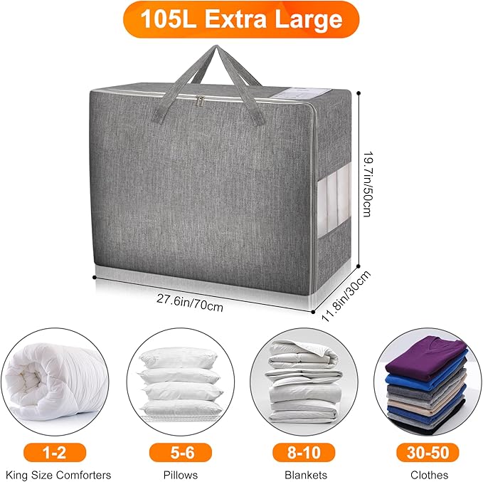 2 Pack 105L Comforter Storage Bags, Extra Large Bedding Storage Bags with Category Card and Clear Window, Reinforced Handles & Zippers, Foldable Closet Organizers for Blanket Pillow