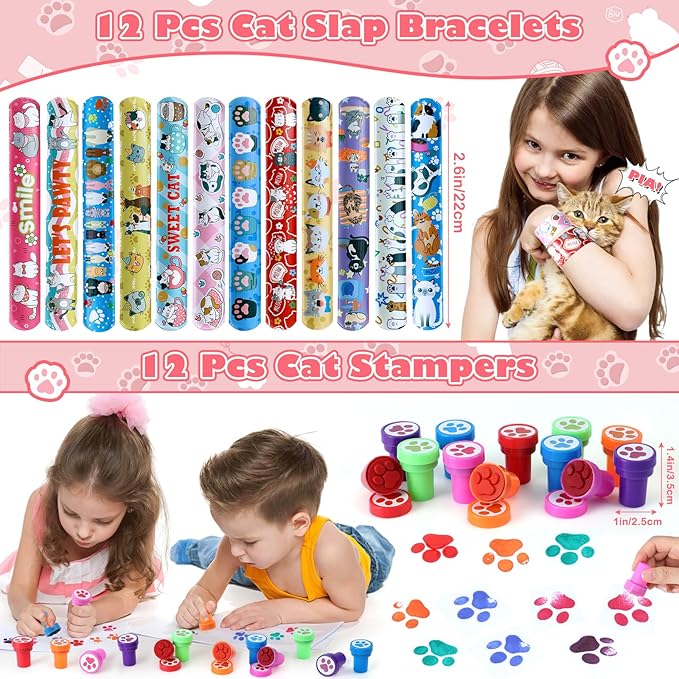 Cat Party Favors Birthday Supplies for Girls Sequin Headband Squishy Toy Keychain Tattoo Sticker Stamper Slap Bracelet Cat Sticker Goodie Bag Stuffer Kids Cat Birthday Party Supplies Decorations
