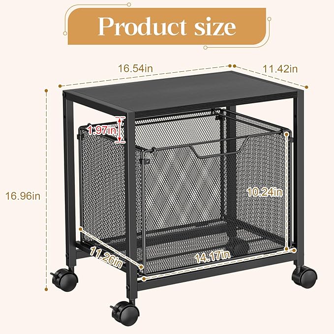 JKsmart Under Desk Storage, Printer Stand with Drawer, Rolling File Cabinet with Adjustable Table Top, 2 Tier Industrial Shelf on Fixed Feet Wheels, Sofa Side Table Organizer for Home, Office, Black