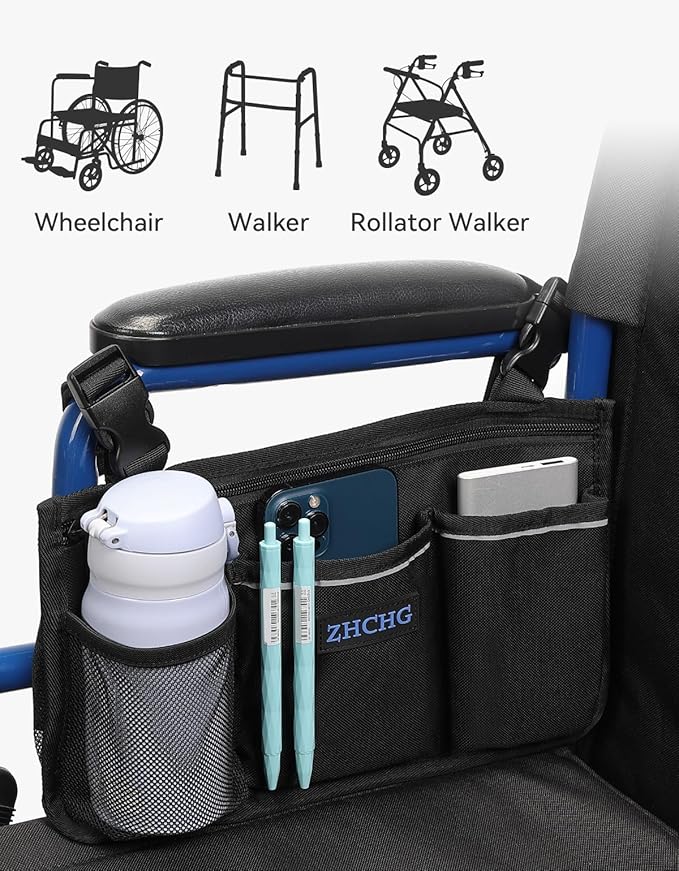 Wheelchair Side Bag, Wheelchair Armrest Pouch Accessories with Cup Holder, Storage Bag for Walker, Rollator, Electric Scooter Wheelchairs, Ideal Gift for Mother's Day & Father's Day