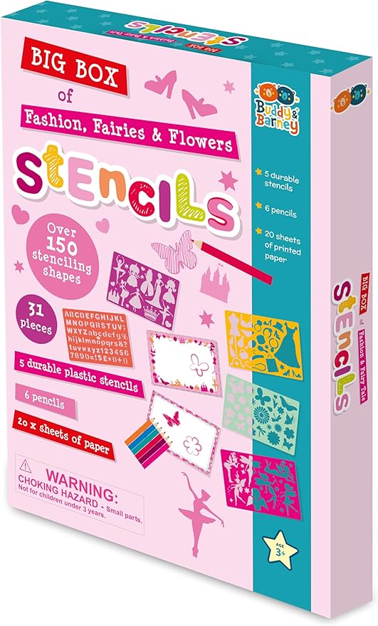 Buddy & Barney Big Box of Fashion, Fairies, & Flowers Stencils (Large 32-Piece Stencils Kit), 150+ Shapes, 6 Coloring Pencils, 5 Stencil Sheets, Arts & Crafts Drawing Stencils for Girls, Kids 4+
