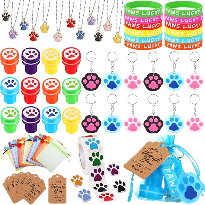 85 Pieces Dog Paw Party Favors Set Dog Paw Print Party Supplies with Paw Print Silicone Bracelet Stamper Sticker Keychain Pendant Chain Organza Bag and Thank You Tag for Girl Kid Boy Party Birthday