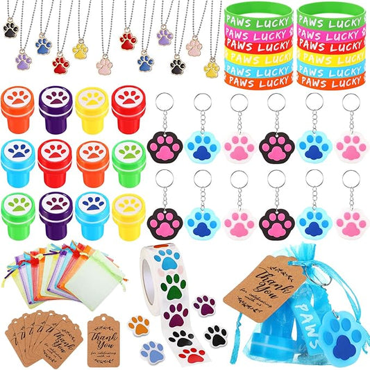 85 Pieces Dog Paw Party Favors Set Dog Paw Print Party Supplies with Paw Print Silicone Bracelet Stamper Sticker Keychain Pendant Chain Organza Bag and Thank You Tag for Girl Kid Boy Party Birthday