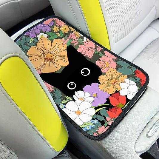 Black Cat Auto Center Console Pad,Soft Waterproof Car Center Console Cover Auto Armrest Seat Box Cover Protector for Most Vehicle SUV Truck Car