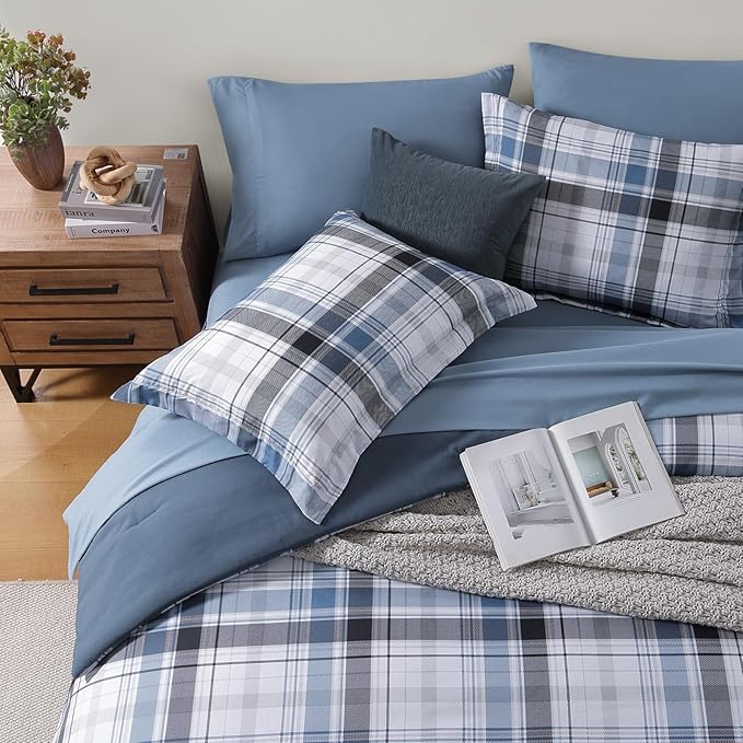MaiRêve Queen Size Plaid Comforter Set Lake Blue, Classic 7 Pieces Farmhouse Bedding Set, All Season Lightweight Bed in A Bag with Sheets, Pillowcases & Shams