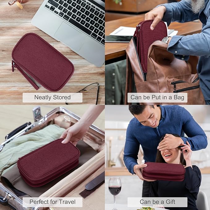 FYY Electronic Organizer, Travel Cable Organizer Bag Pouch Electronic Accessories Carry Case Portable Waterproof Double Layers Storage Bag for Cable, Charger, Phone, Earphone, Medium Size- Wine Red