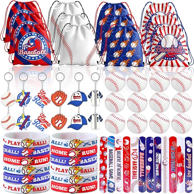 60 Pcs Baseball Party Favors, Baseball Birthday Party Favors Includes Baseball Bag Mini Baseball Wristband Keychain Slap bracelet for Kids Baseball Birthday Party Supplies