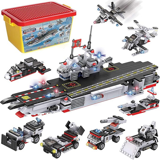825pc Military Aircraft Carrier Fleet Construction Toy - 8-in-1 Naval Battleship Models with Navy Vehicles, Jets & More - Compatible with Lego Bricks - Storage Case Included