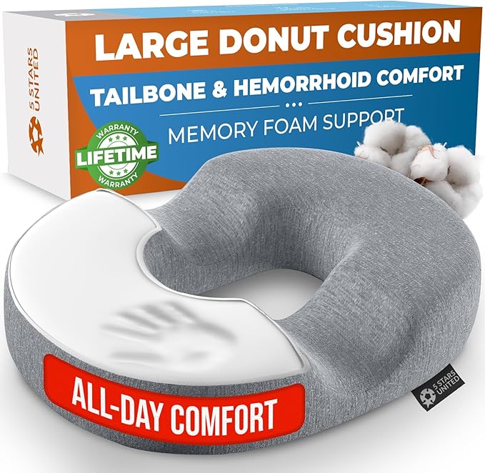 5 STARS UNITED Donut Pillow Hemorrhoid Tailbone Cushion – Large Cushion for Pain Relief – Coccyx, Prostate, Sciatica, Pelvic Floor, Pressure Sores, Pregnancy, Postpartum Recovery, Gray