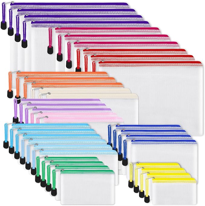EOOUT 38pcs Mesh Zipper Pouch, Waterproof Zipper Bags, 8 Sizes Plastic Travel Pouch, 12 Colors, Multipurpose for Board Game, Travel Storage, School Supplies, Office Appliances, Home Organize