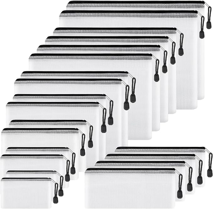 EOOUT 20pcs Mesh Zipper Pouch Bags 8 Size Water Resistant Zipper Bags Plastic Clear Storage Bags for Travel Office Home School Supplies and Board Game Organize