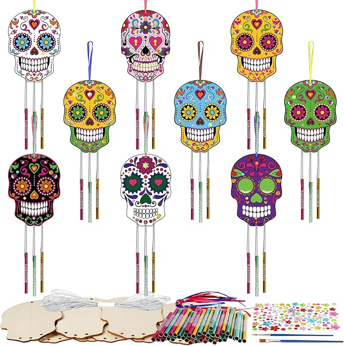Fennoral 9 Pack Skull Wind Chime Kit for Kids Make You Own Day of The Dead Wind Chime Hanging Ornaments DIY Coloring Wooden Halloween Crafts for Boys Girls Halloween Party Decoration