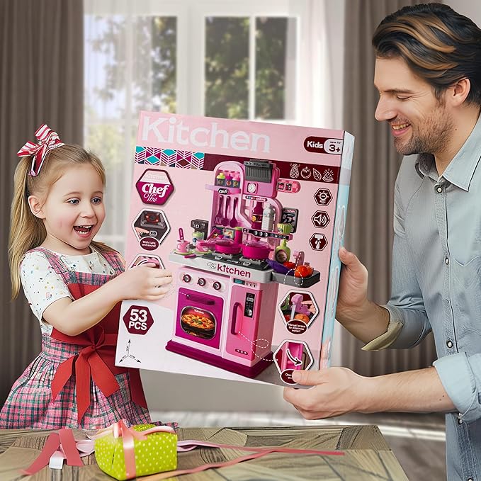 Kids Kitchen Playset-53pcs Cooking Stove,Paly Sink,Oven,Kitchen Toys with Realistic Lights&Sounds，Pretend Play Toys,Kitchen Toys for Toddlers 1 2 3 (Pink)