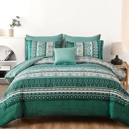 Cottolester Boho Comforter Set King Size,8 Pieces Teal Green Bohemian Striped Bed in a Bag,Paisley Soft Microfiber Bedding Comforter Set