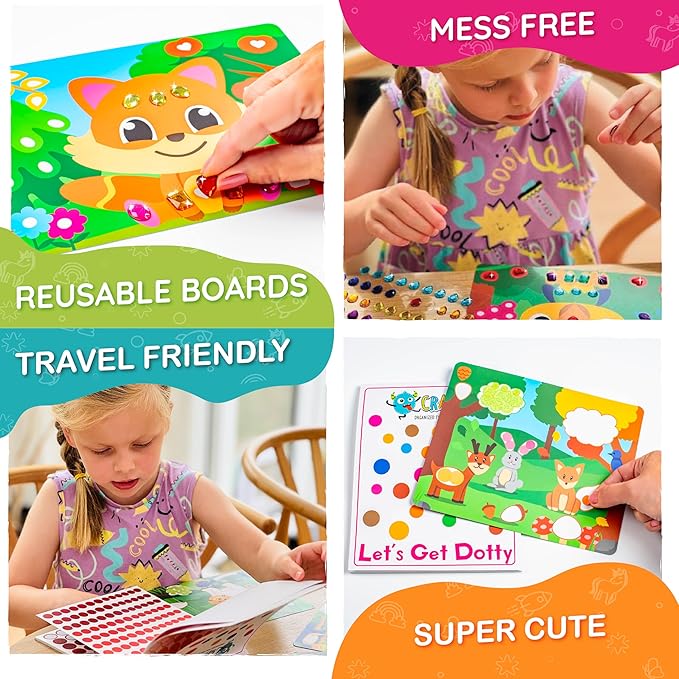 Craftikit® 10 Dot Art & Gem Art Animal Crafts for Kids Ages 3-8 - Kids Gem Painting & Dot It Sticker Art - Arts and Crafts for Kids Ages 4-8