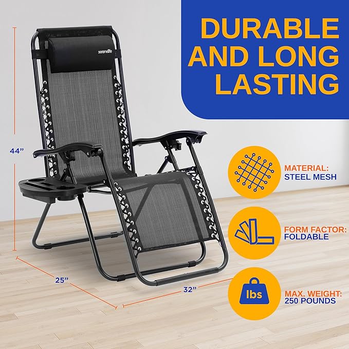 SereneLife Zero Gravity Outdoor Lounge Chairs 2 Pack – Folding Recliners with Side Table, Cup Holder & Padded Headrest – Adjustable Patio Chairs for Lawn, Garden, Deck, Camping (Black)