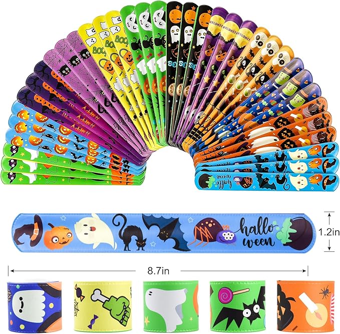 Halloween Party Favors for Kids - 50 Pack Slap Bracelets Halloween Decorations for Party Supplies, 36PCS Friendship Bracelet+14 Rubber Wristbands, Perfect Halloween Snap Bracelets for Halloween Treats