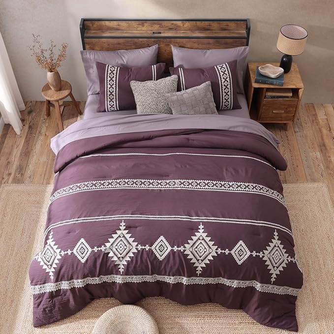 MaiRêve Embroidery Queen Size Comforter Set Purple, Boho Farmhouse Western Bedding Set 7 Pieces, All Season Bed in A Bag Comforter Set with Sheets, Pillowcases & Shams