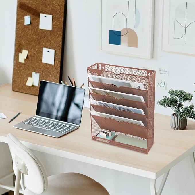 EASEPRES 6 Tier Mesh Hanging Wall File Organizer, Desk Vertical Mail Paper Document Folder Holder Rack with Bottom Tray and Nametag Label for Office Home School, Brown