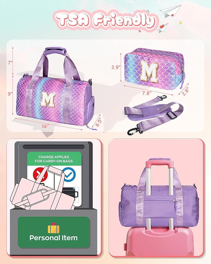 Girls Birthday Gifts Age 8-10-Girl Gym Bag with Shoe Compartment, Kid Personalized Weekender Overnight Bags, Initial Travel Tote with Makeup Pouch, Gift Ideas for Niece Sister (Letter W)