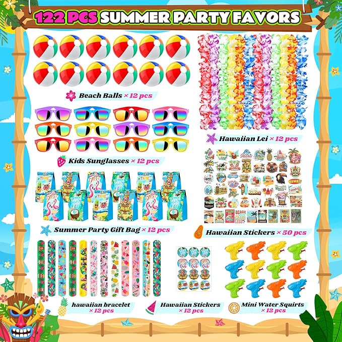Joycover Pool Party Favors Beach Party Favors 122 PCS Hawaiian Pool Beach Party Decorations, Hawaiian Leis For Luau Party Decorations, Beach Balls, Kids Sunglasses, Pool Party Supplies, Summer Toys…