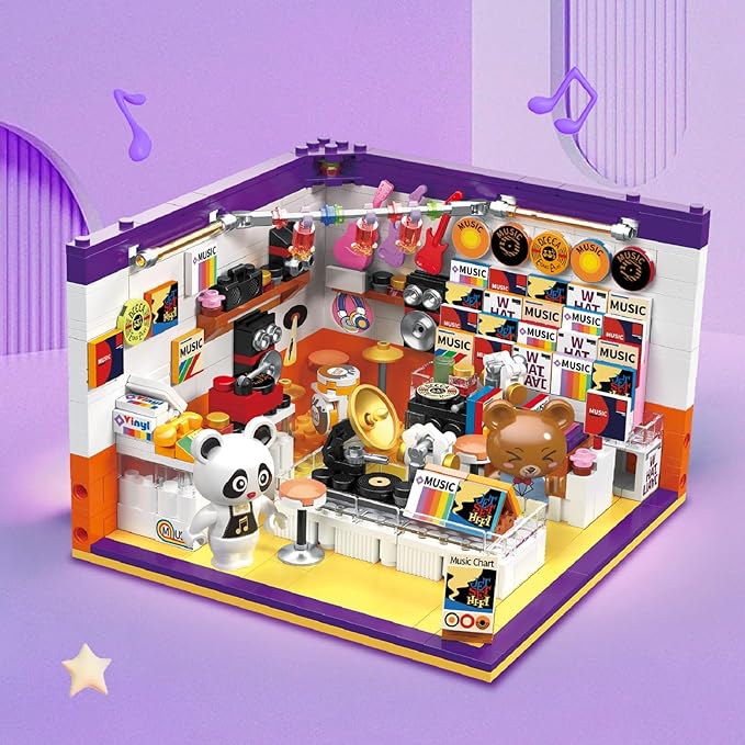 Friends House Building Block Set, Bear Record Shop Business City View Small Brick Model, Mini Construction Toy, Hobbies Christmas Birthday Gift for Teens Children Kids Boys Girls 6+, 554pcs