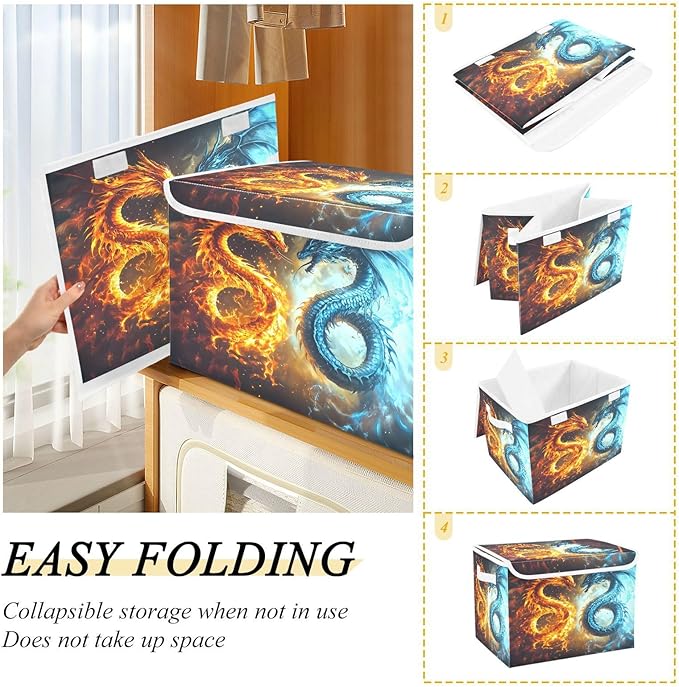 senya Large Storage Bins with Linen Collapsible Foldable Storage Cubes Fabric Closet Organizer Containers box with Flip-Top Lid for Home Bedroom Office 16.7 x 12.6 x 11.8in (Dragon Fire Pattern)