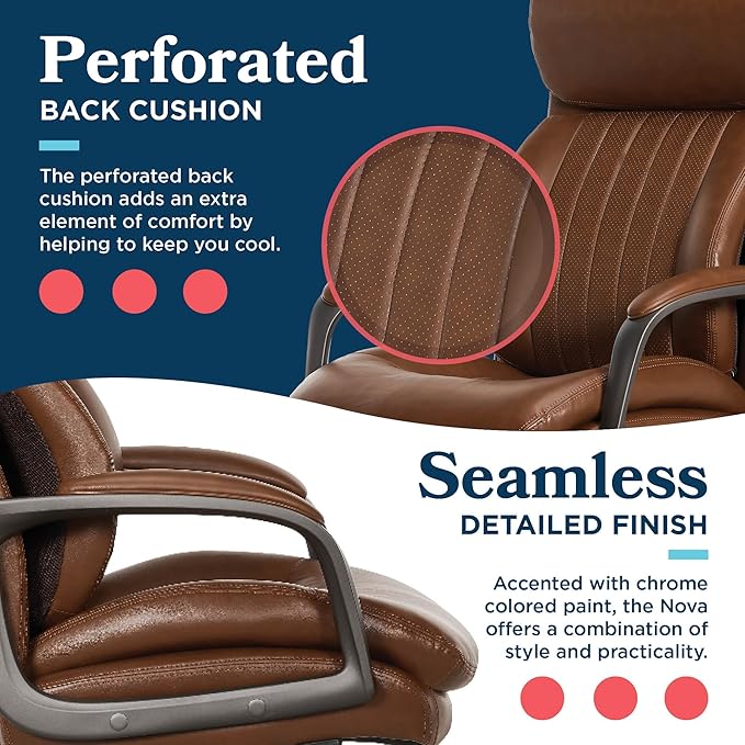 La-Z-Boy Nova Vegan Leather Modern Executive Ergonomic Design Office Chair, Memory Foam Thick Contoured Seat Back with Patented Lumbar Support Technology, Soft to Medium Sit Comfort, Cognac