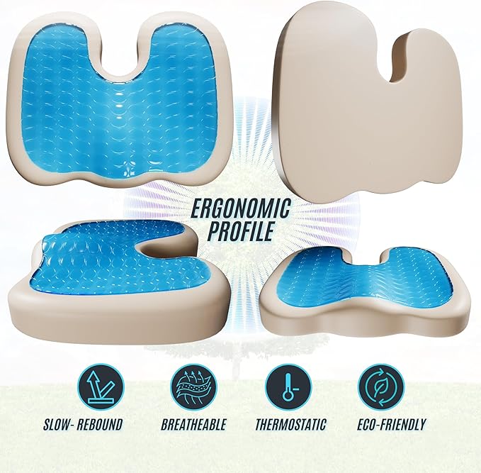 Ergonomic Seat Cushion Orthopedic Gel Memory Foam Cushion, Office Chair Cushion, Computer Chair Cushion, Oeko-TEX 100 Certified for Comfort and Posture