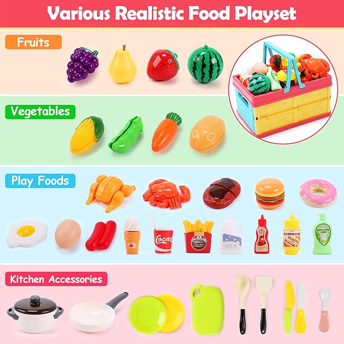 HOLYFUN Play Food Toy Set for Kids Kitchen, Shopping Basket with Cutting Fruit & Vegetables Accessories, Pot and Pan, Plastic Dishes, Toddler Play Kitchen Accessories Educational Toys for Boys Girls