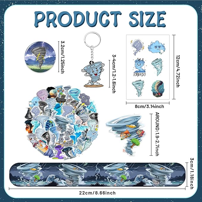 98 PCS Tornado Party Favors, Tornado Temporary Tattoos Slap Bracelets Keychains Stickers Badges for Tornado Birthday Party Decorations Supplies Gifts for Kids Teens Boys Girls Classroom Rewards