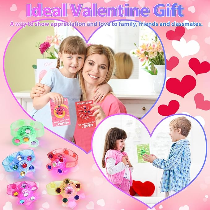 25 Pack Valentines Day Gifts for Kids, LED Light Up Fidget Spinner Bracelets with Valentines Day Cards for Kids Classroom Exchange School Prizes Valentine Party Favors Gifts for Boys Girls 3 4 5 6 7+