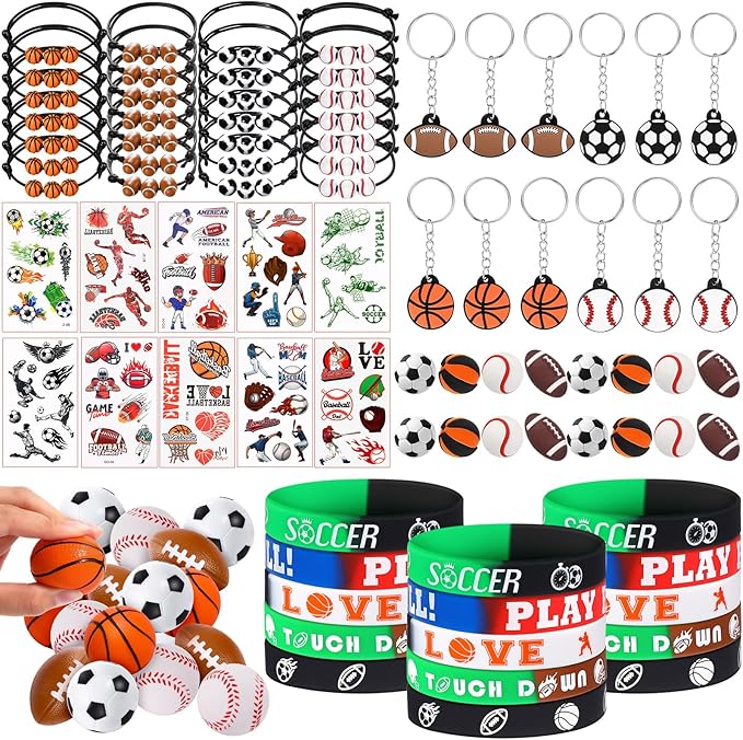 Aoriher Sport Party Favors for Kids, 15 Sets Sport Goodie Silicone Sport Bracelets Mini Stress Ball Keychain Temporary Tattoo Sticker Eraser for Sport Birthday Party Supplies Total 85 Pcs(Sport Ball)