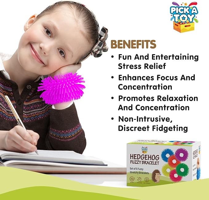 Fidget Bracelet Vibrant Squishy Fuzzy Toy 6-Pack of Flexible Wearable Jewelry, Sensory Rings Toys for Kids - Stretchy Silicone Bands with Textured