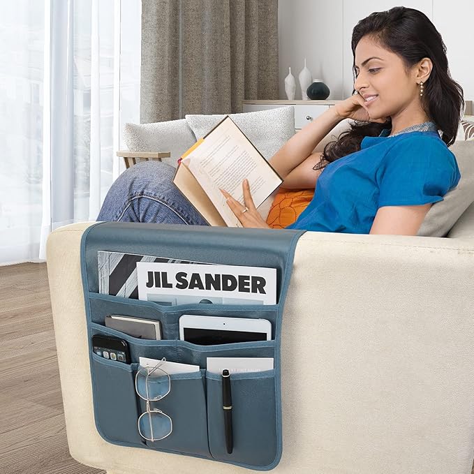 Teniux Remote Control Holder Faux Leather Armrest Organizer with 6 Pockets for Recliner Couch Sofa, Armchair Caddy for Smart Phone, Book, Magazines, Ipad, Remotes (Moonlight Blue)