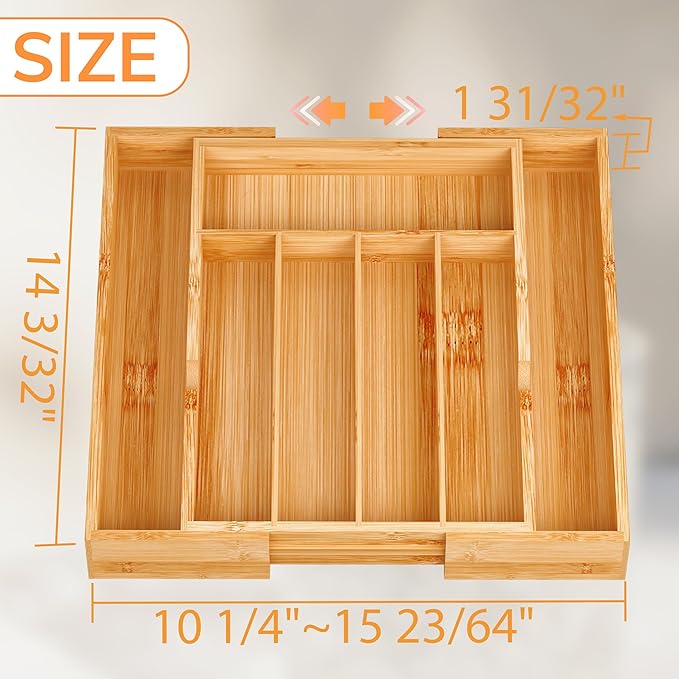 BAMEOS Bamboo Expandable Drawer Organizer, 5-7 Slots Kitchen Drawer Organizer, Adjustable Cutlery Tray for Utensils, Silverware & Flatware (Natural)