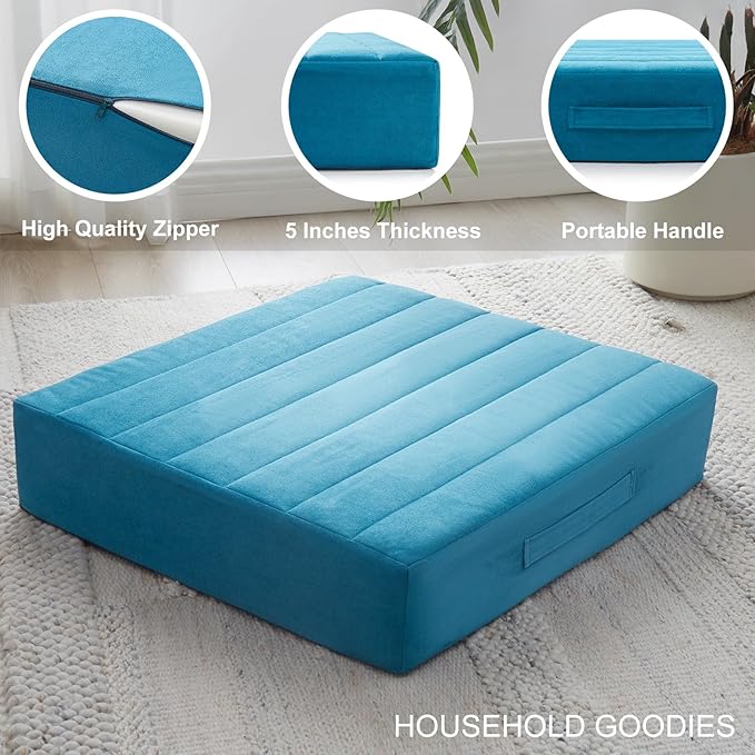 2 Pcs High Density Foam Floor Pillow - Upgraded Large Pillows Seating for Adults - Outdoor Floor Cushion with Soft Tufted Cover - Yoga Pillows for Sitting On Floor - 22 Inch Peacock Blue