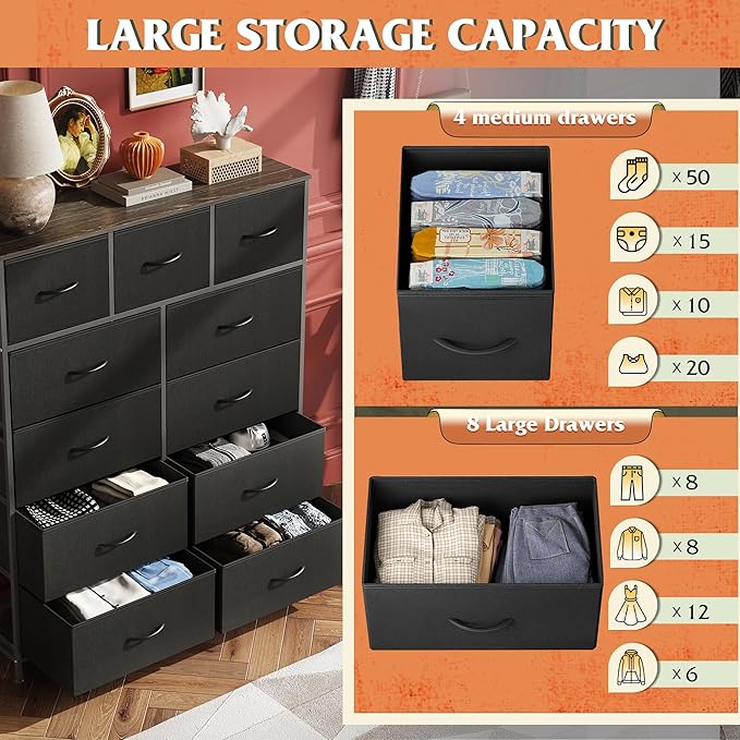 WLIVE Storage Organizer Unit with 11 Fabric Bins, Storage Drawers Organizer with Steel Frame, Tall Storage Tower Organizaton for Living Room, Hallway, Office, Charcoal Black