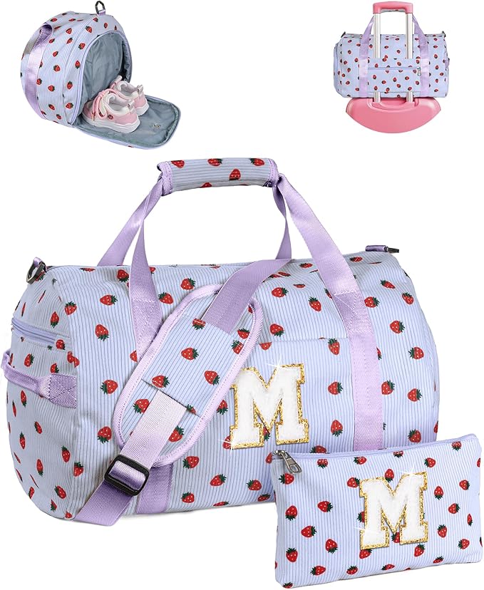 Dance Recital Gifts for Grandkids, Girls Gym Bag, Kids Personalized Overnight Duffle Bags with Shoe Compartment, Monogram Travel Tote with Makeup Bag, Dorm Room Essentials (Letter M)