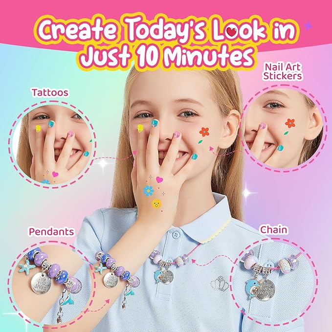Kids Toys Bracelet Making Kit, Kid Make Up Kits for Kid Age 4-12 Jewelry Beads Toy Set, Preschool Toddler Girls Makeup Charms Set, Arts and Crafts for 4 5 6 7 8 9 10 11 12 Years Old Girl Birthday Gift